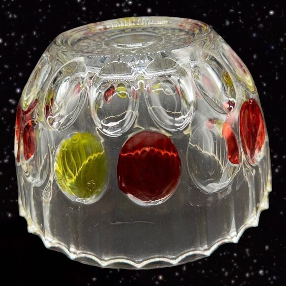 Flashed Art Glass Covered Dish Bowl W Lid Thumbprint Pattern Red Yellow 7”T 5.5” - Picture 10 of 10